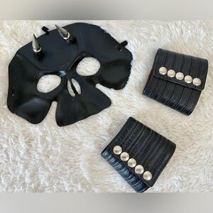 Black Leather BDSM Devil Executioner Face Mask And Leather Cuffs